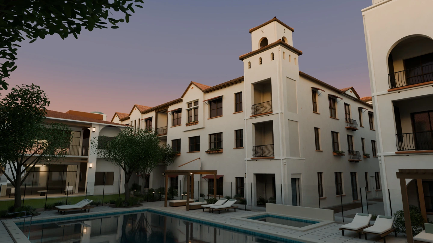 Dexter Village visualization: pool courtyard and Spanish-inspired residences at dusk
